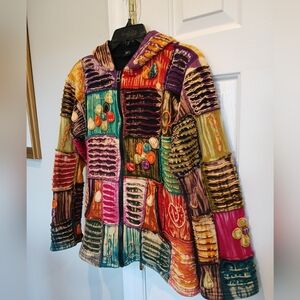 Colorful Patchwork  Jacket  Bohemian Knit Cotton Fleece Lined Women's Large